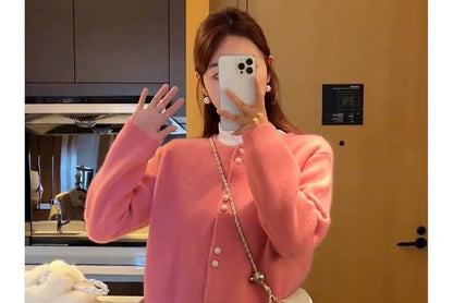 Faux Buttoned Pearl Plain Cardigan