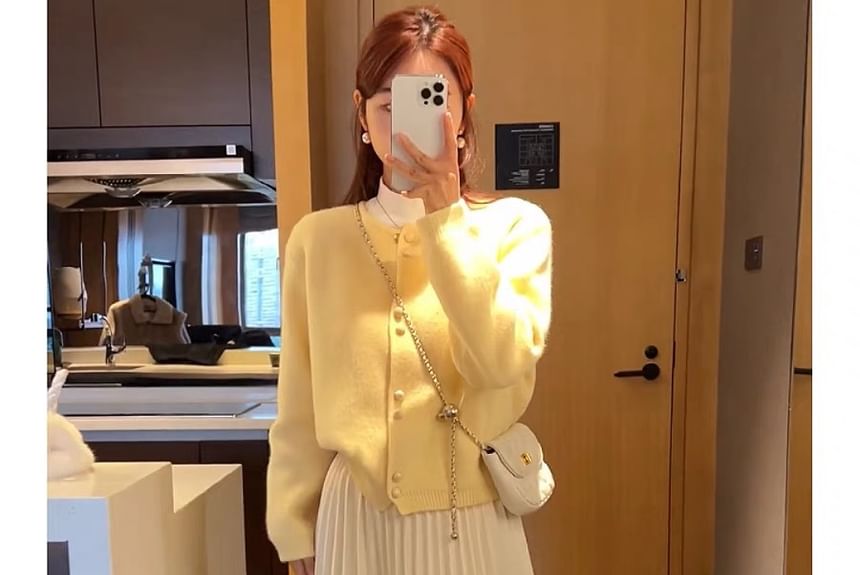 Faux Buttoned Pearl Plain Cardigan