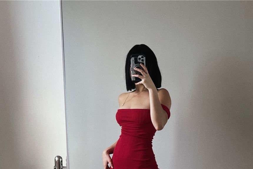 Off Shoulder Plain Midi Sheath Dress