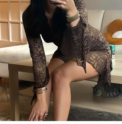Bodycon Dress Mini Lace V-Neck Long-Sleeve