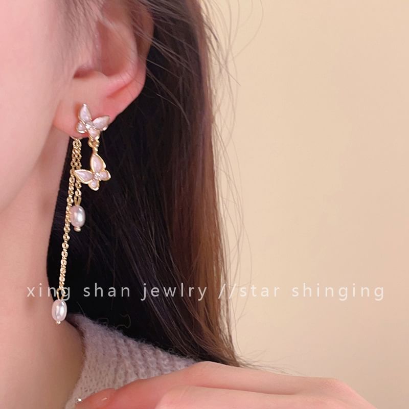On / Clip Butterfly Faux Pearl Earring Drop