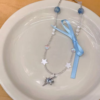 Pendant Rhinestone Necklace Ribbon