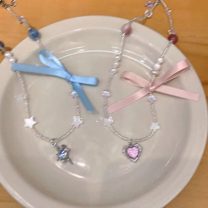 Pendant Rhinestone Necklace Ribbon
