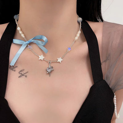 Pendant Rhinestone Necklace Ribbon