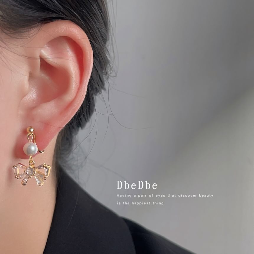 Faux Drop Alloy Pearl Bow Earring Rhinestone