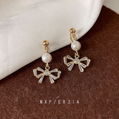 Faux Drop Alloy Pearl Bow Earring Rhinestone