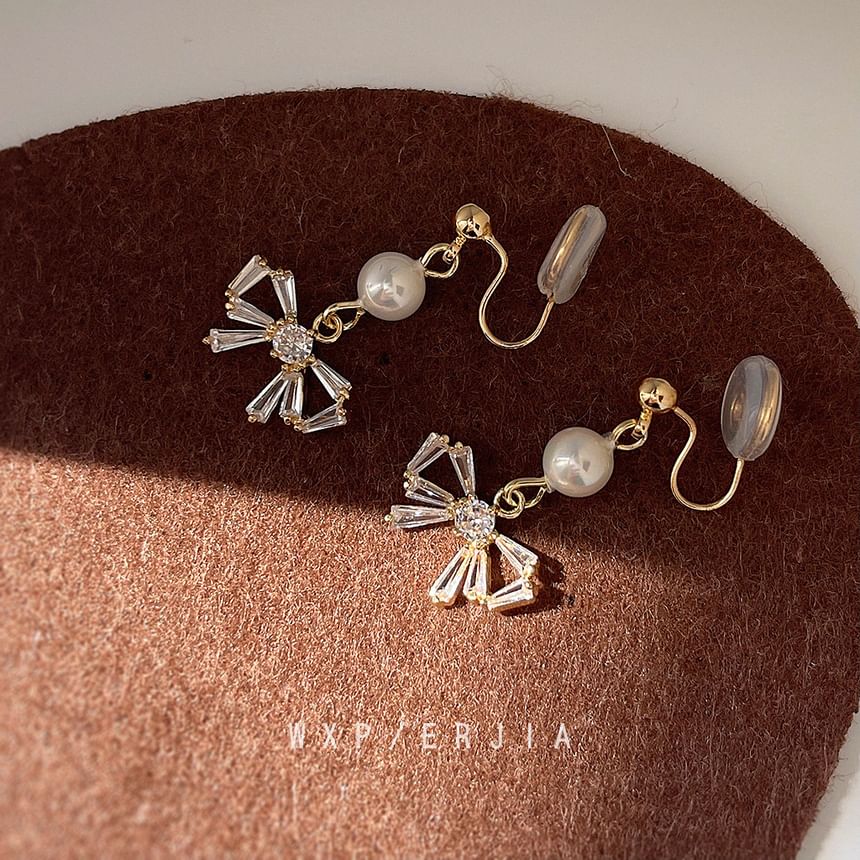 Faux Drop Alloy Pearl Bow Earring Rhinestone