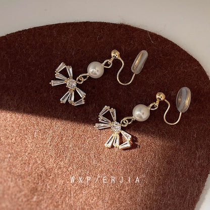 Faux Drop Alloy Pearl Bow Earring Rhinestone