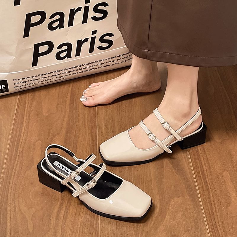 Buckled Block Slingback Sandals Heel Square-Toe