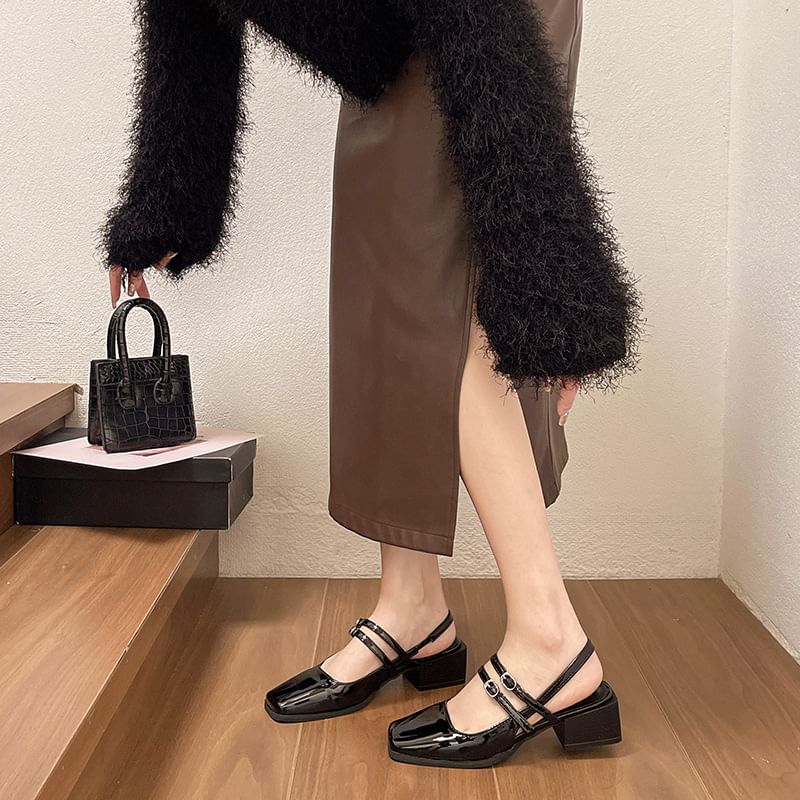 Buckled Block Slingback Sandals Heel Square-Toe