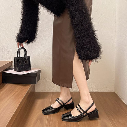 Buckled Block Slingback Sandals Heel Square-Toe
