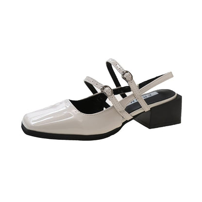 Buckled Block Slingback Sandals Heel Square-Toe