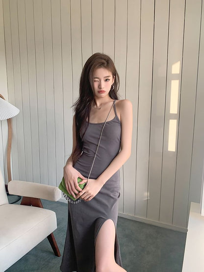 Open Slit Scoop Dress Midi Plain Strap Back Neck Mermaid Spaghetti