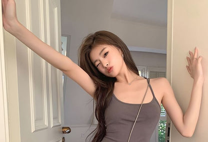 Open Slit Scoop Dress Midi Plain Strap Back Neck Mermaid Spaghetti
