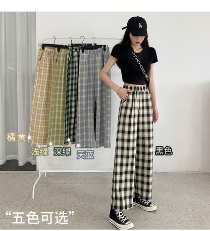 Waist Elastic Wide Plaid Pants Leg