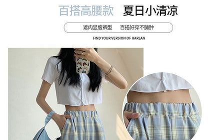 Waist Elastic Wide Plaid Pants Leg