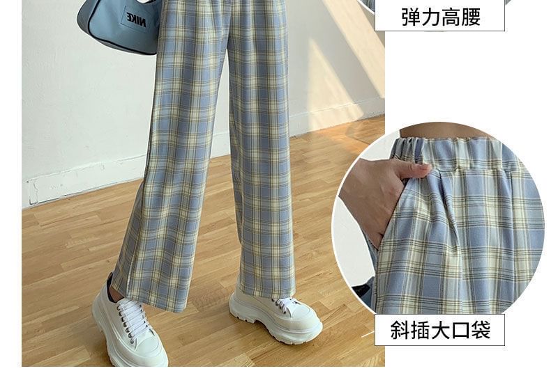 Waist Elastic Wide Plaid Pants Leg