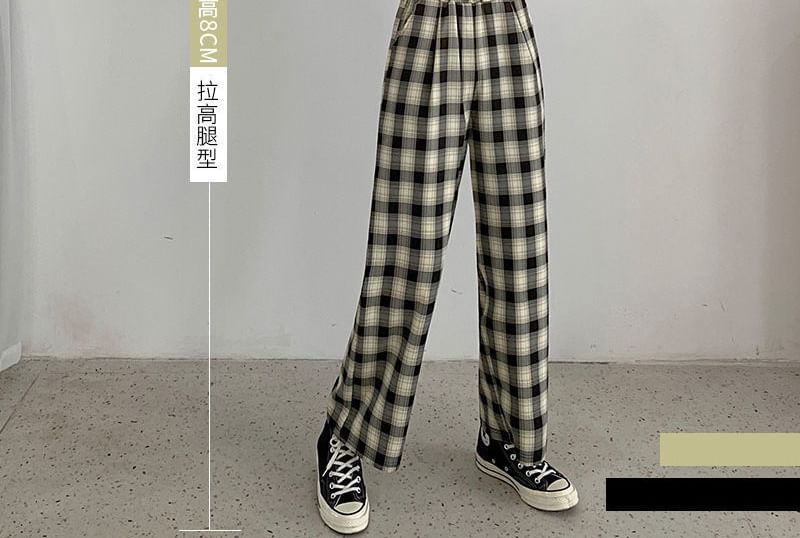 Waist Elastic Wide Plaid Pants Leg