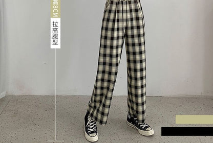 Waist Elastic Wide Plaid Pants Leg