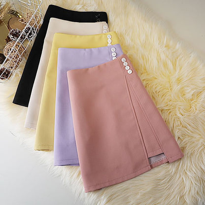 Plain High A-Line Waist Button Panel Mini Skirt