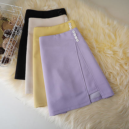 Plain High A-Line Waist Button Panel Mini Skirt