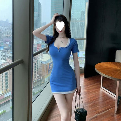 Piece Mini Mock Two Short-Sleeve Henley Sheath Dress