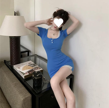Piece Mini Mock Two Short-Sleeve Henley Sheath Dress