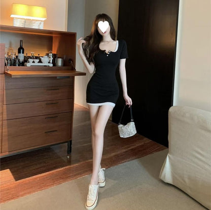 Piece Mini Mock Two Short-Sleeve Henley Sheath Dress