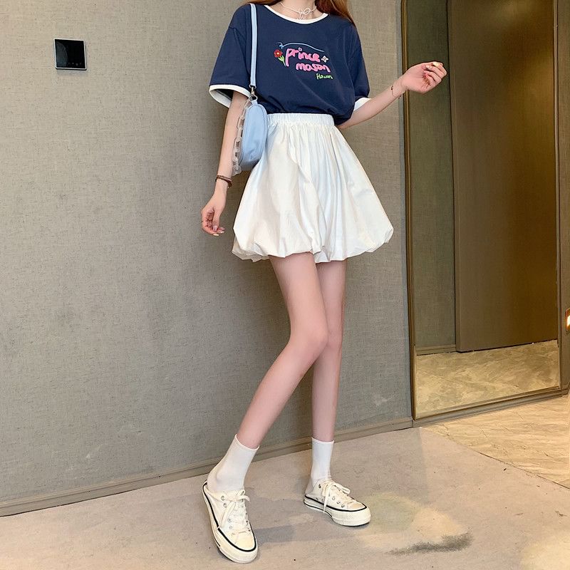 Elastic Waist Plain Mini A-Line Balloon Skirt