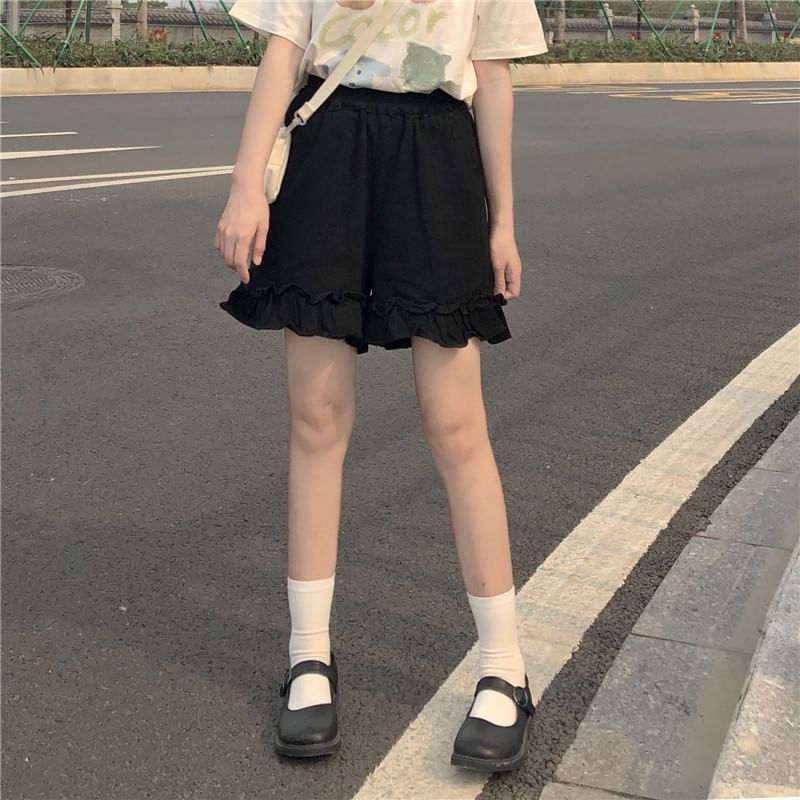 Shorts Plain Ruffle Waist Elastic