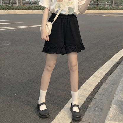 Shorts Plain Ruffle Waist Elastic