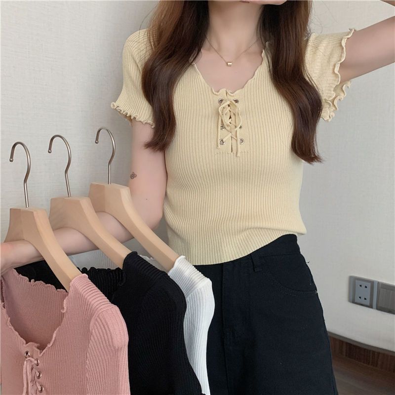 Ribbed Top Up Plain Lace Knit Short-Sleeve V-Neck