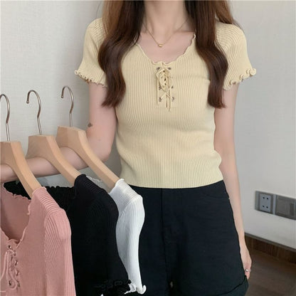 Ribbed Top Up Plain Lace Knit Short-Sleeve V-Neck