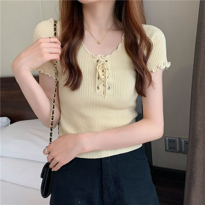 Ribbed Top Up Plain Lace Knit Short-Sleeve V-Neck