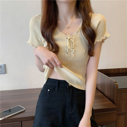 Ribbed Top Up Plain Lace Knit Short-Sleeve V-Neck