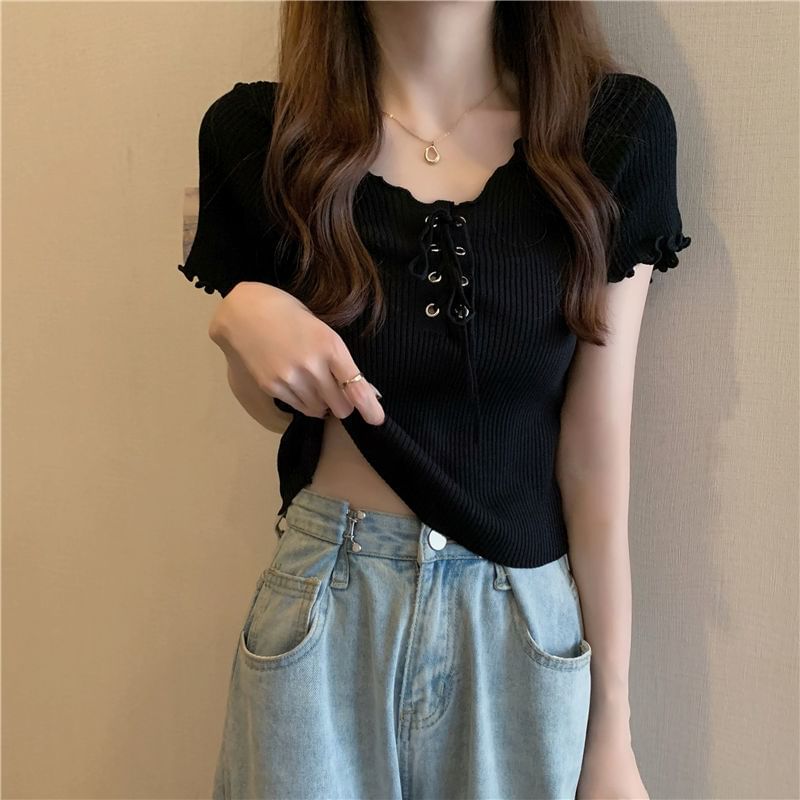 Ribbed Top Up Plain Lace Knit Short-Sleeve V-Neck