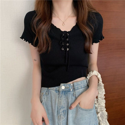 Ribbed Top Up Plain Lace Knit Short-Sleeve V-Neck