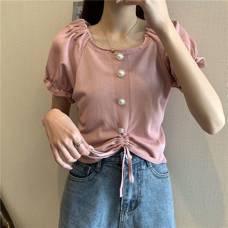 Short-Sleeve Square Faux Button Neck Knit Pearl Plain Drawstring Top