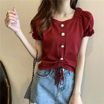 Short-Sleeve Square Faux Button Neck Knit Pearl Plain Drawstring Top