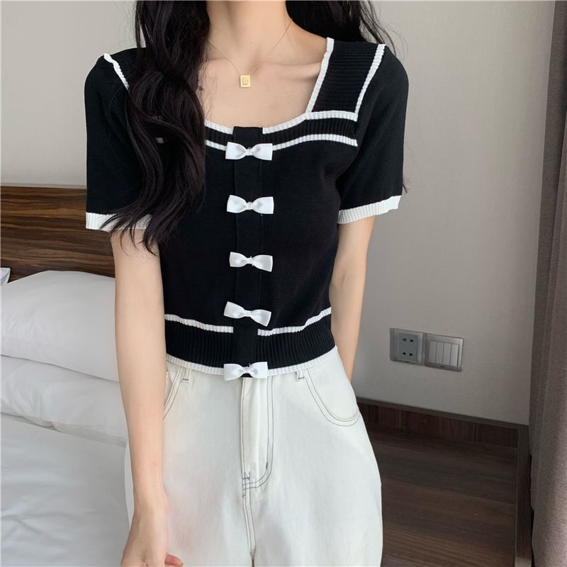 Square Neck Short-Sleeve Top Bow Knit