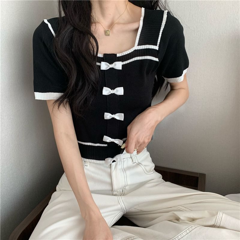 Square Neck Short-Sleeve Top Bow Knit