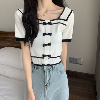 Square Neck Short-Sleeve Top Bow Knit