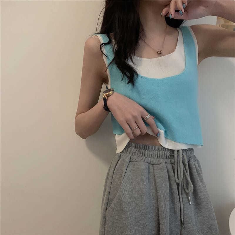 Top Mock Knit Piece Two Neck Scoop Tank