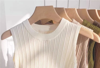 Neck Knit Tank Plain Ribbed Crew Top