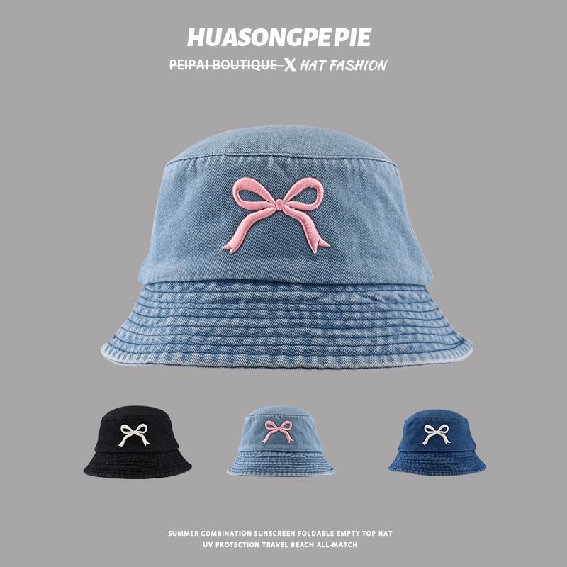 Bucket Embroidered Hat Denim Bow