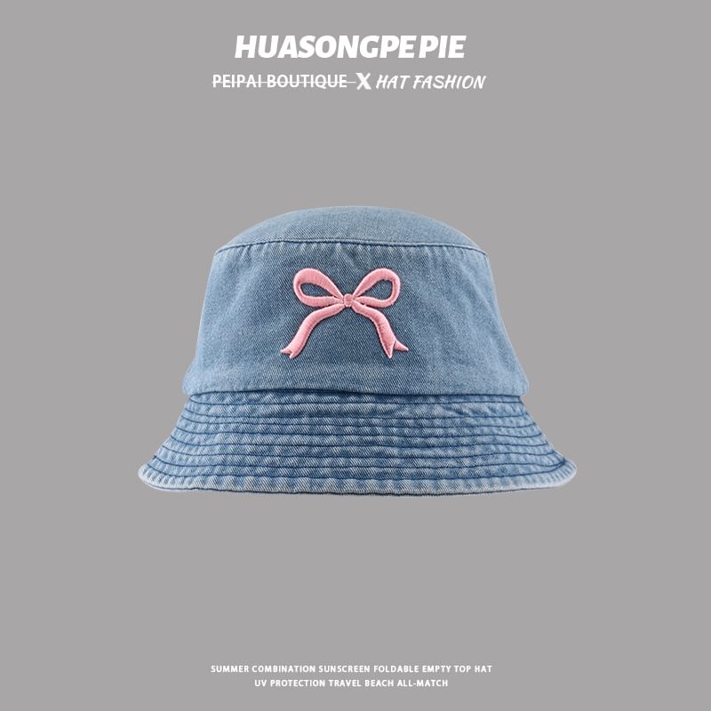 Bucket Embroidered Hat Denim Bow