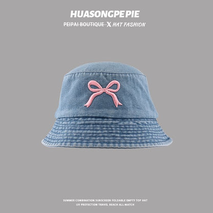 Bucket Embroidered Hat Denim Bow