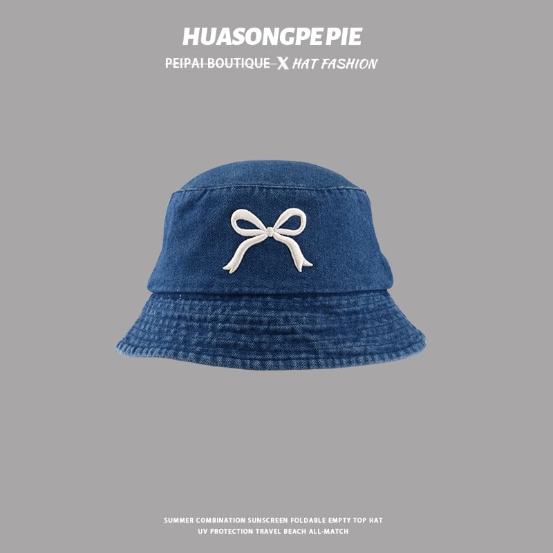 Bucket Embroidered Hat Denim Bow