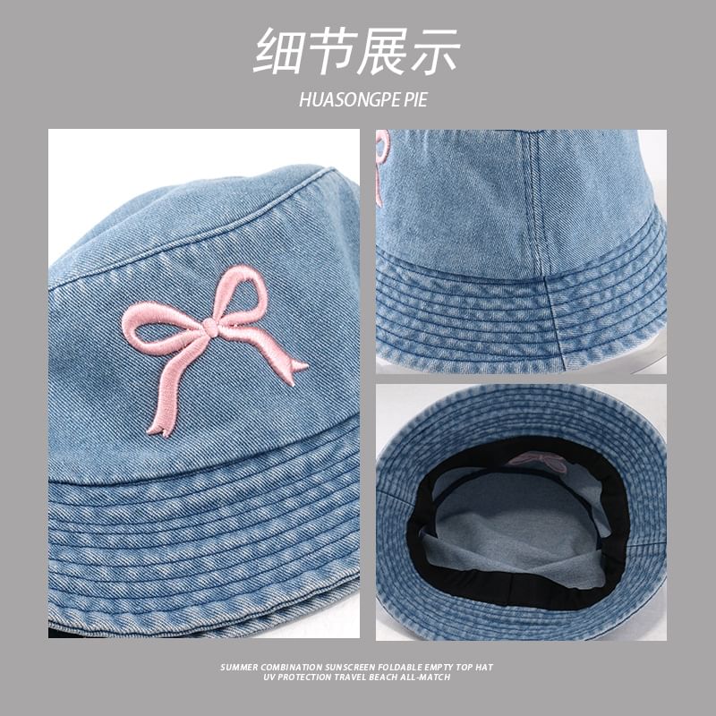 Bucket Embroidered Hat Denim Bow