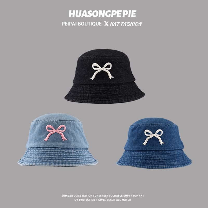 Bucket Embroidered Hat Denim Bow